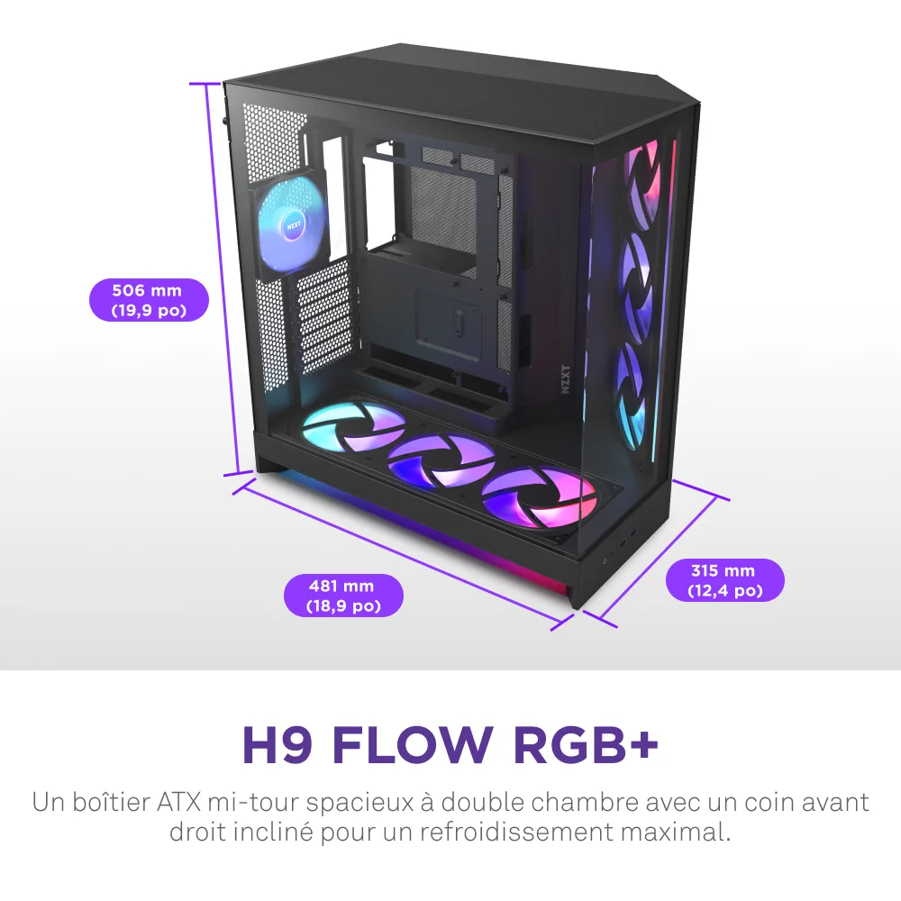 NZXT H9 Flow RGB+ Noir - MT/Sans Alim/E-ATX, vue 5
