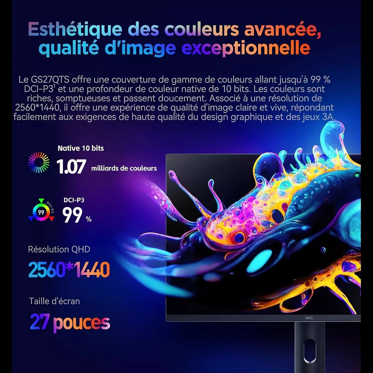 HKC GS27QES - 27" OLED QHD 360Hz 0,03ms Pivot Compatible G-Sync FreeSync, vue 5