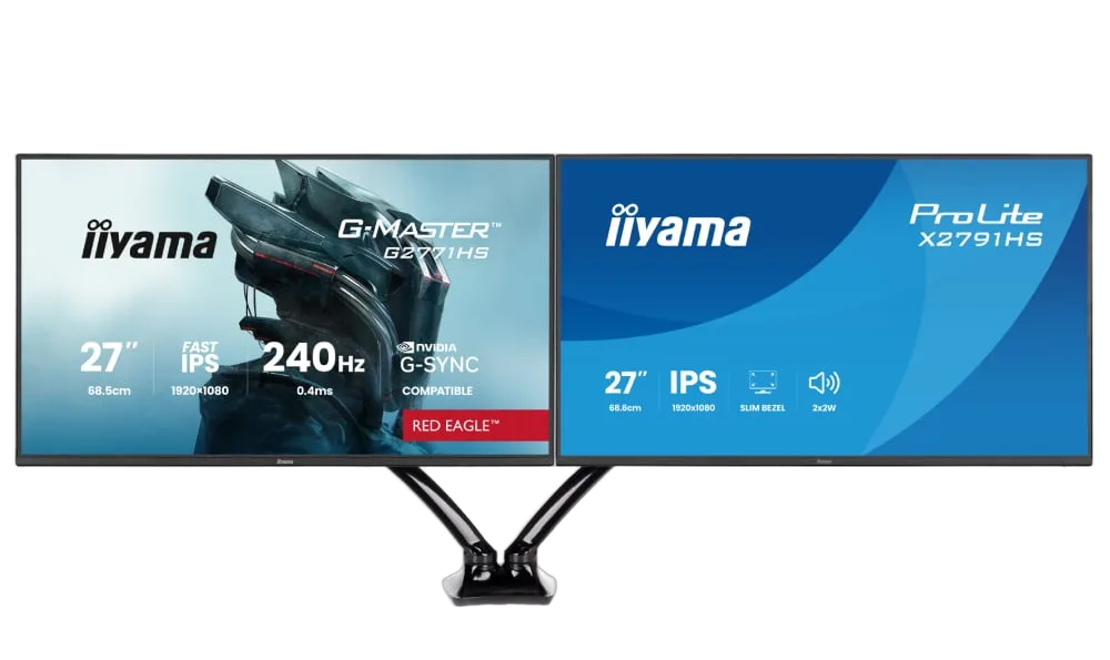 Iiyama 27" FHD 240Hz Fast-IPS G-Sync + 27" FHD 120Hz + Bras double, vue 1