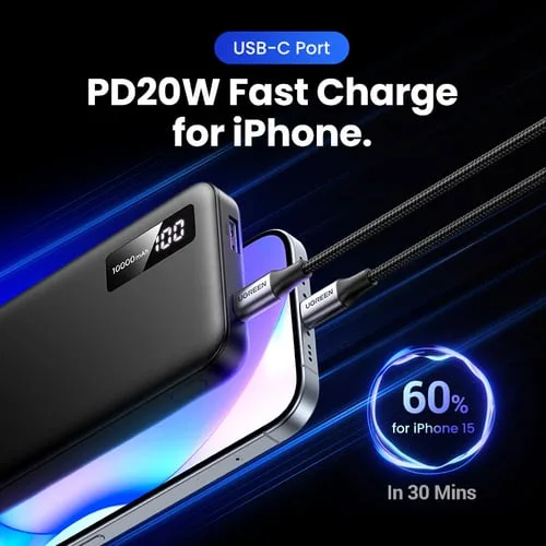 UGREEN USB-C + USB-A - 2 ports - 10000mAh - 20W - Noir